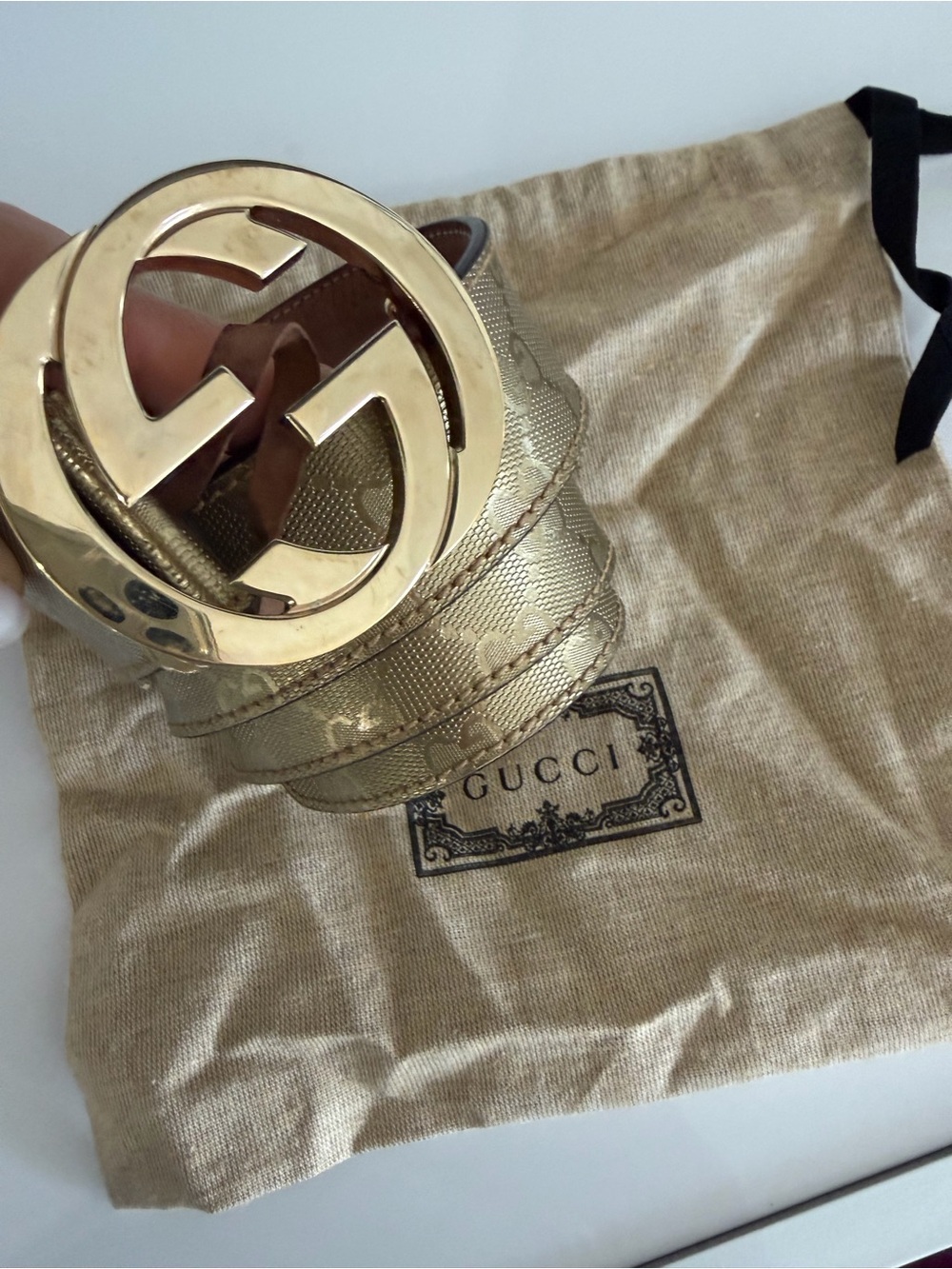 Gucci Beige Canvas Leather Belt with Gold GG Buckle - Picture 10 of 12